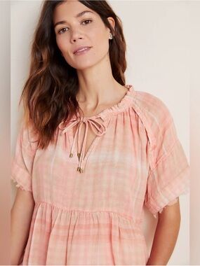 Anthropologie Pilcro Bette Pink/Orange Plaid Tie-Neck Babydoll Top. MEDIUM